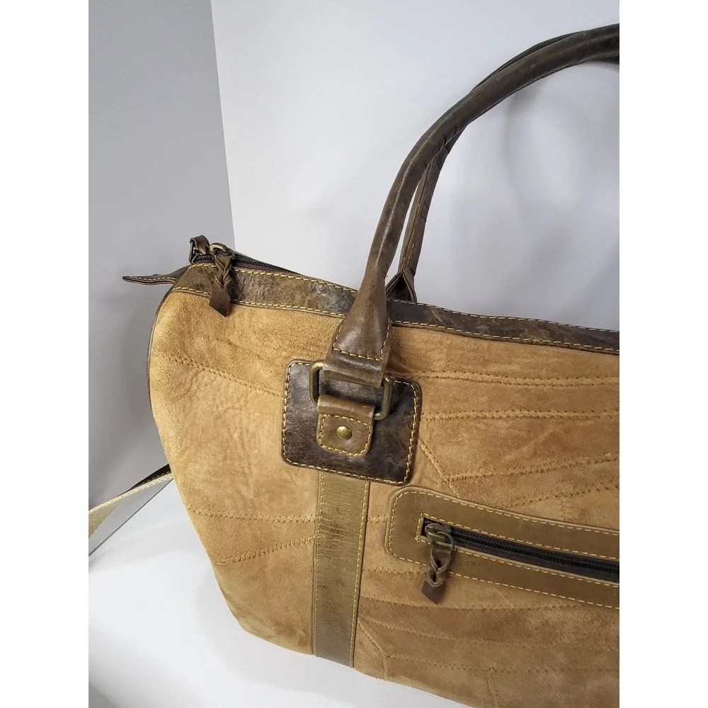 Vaan & Co Upcycled Leather Suede Duffle Bag Brown Chevron Weekender Travel Bag